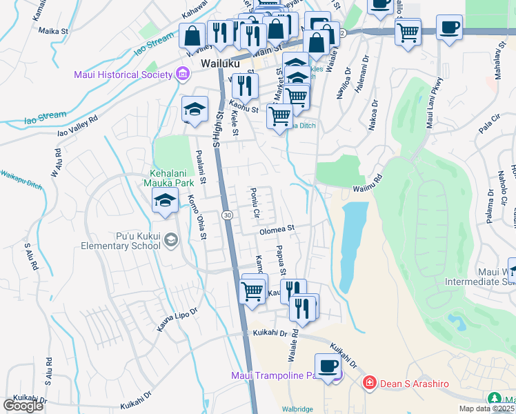 map of restaurants, bars, coffee shops, grocery stores, and more near 54 Poniu Circle in Wailuku