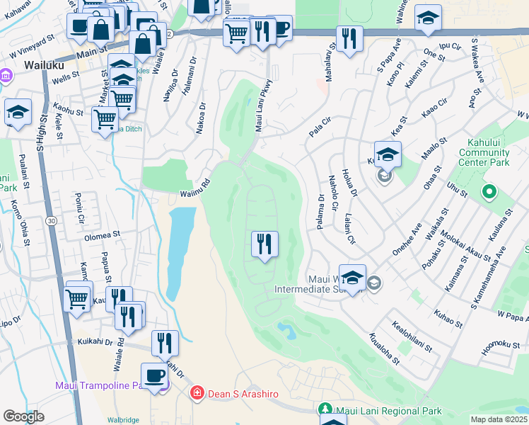 map of restaurants, bars, coffee shops, grocery stores, and more near 28 Lanipo Place in Kahului