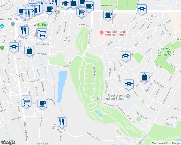 map of restaurants, bars, coffee shops, grocery stores, and more near 28 Lanipo Place in Kahului