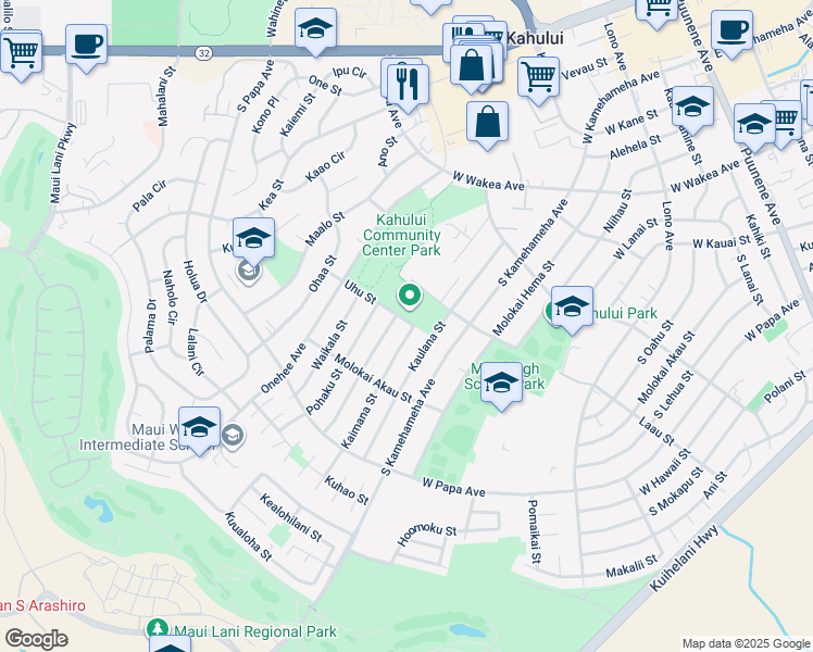map of restaurants, bars, coffee shops, grocery stores, and more near 504 Kaimana Street in Kahului