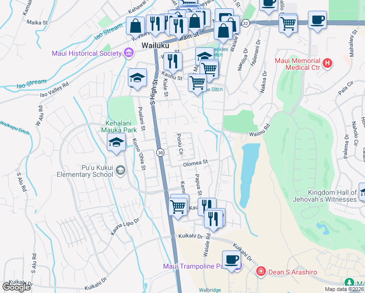 map of restaurants, bars, coffee shops, grocery stores, and more near 54 Poniu Circle in Wailuku