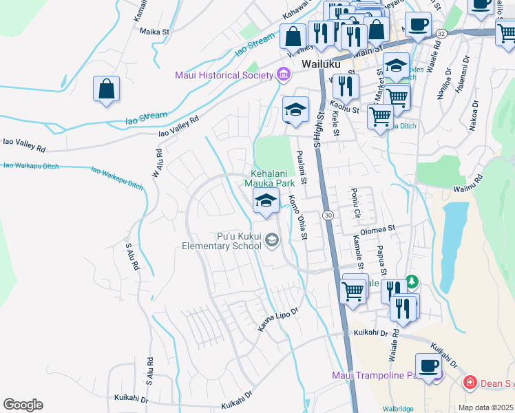 map of restaurants, bars, coffee shops, grocery stores, and more near 210 Hooulu Lane in Wailuku