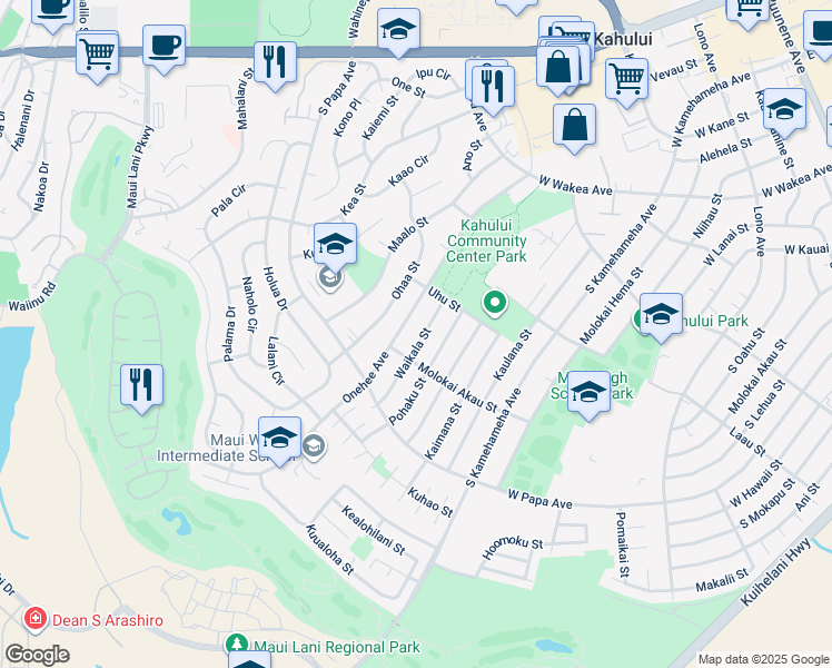 map of restaurants, bars, coffee shops, grocery stores, and more near 538 Waikala Street in Kahului
