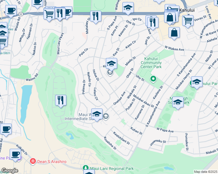 map of restaurants, bars, coffee shops, grocery stores, and more near 398 South Papa Avenue in Kahului