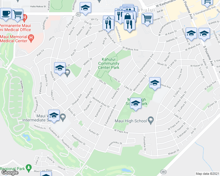 map of restaurants, bars, coffee shops, grocery stores, and more near 504 Kaimana Street in Kahului