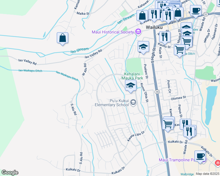 map of restaurants, bars, coffee shops, grocery stores, and more near 136 Lili Lehua Street in Wailuku