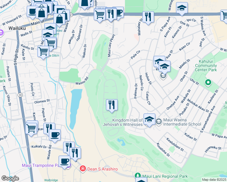 map of restaurants, bars, coffee shops, grocery stores, and more near 14 Lanipo Place in Kahului