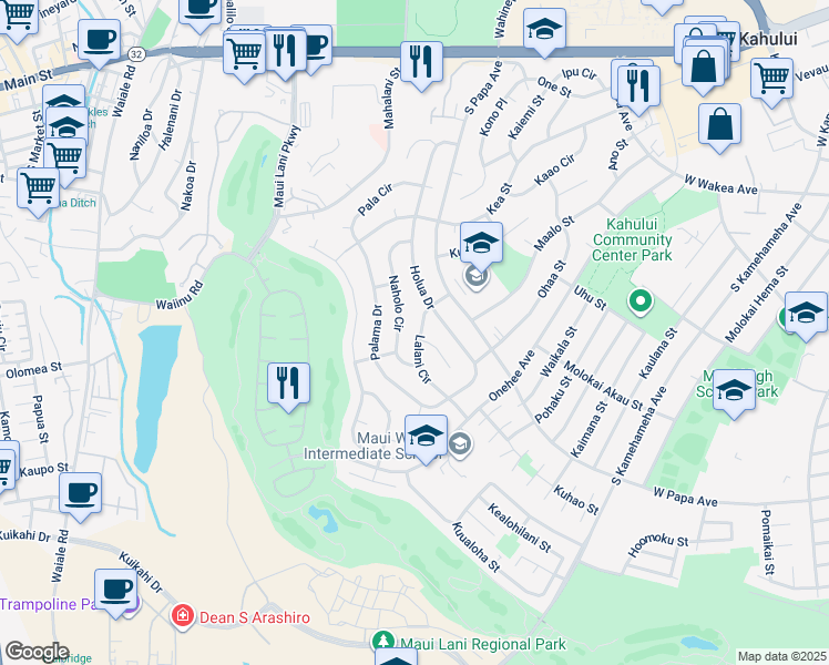 map of restaurants, bars, coffee shops, grocery stores, and more near 638 Lalani Circle in Kahului