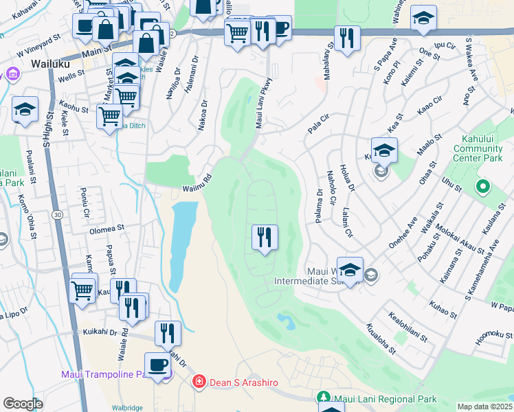 map of restaurants, bars, coffee shops, grocery stores, and more near 21 Lanikeha Place in Kahului