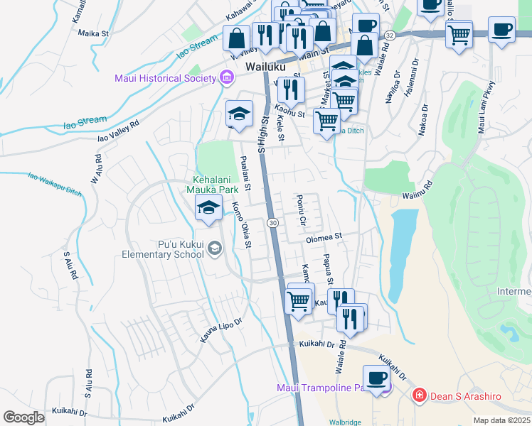 map of restaurants, bars, coffee shops, grocery stores, and more near 102 Kumulaau Ohia Loop in Wailuku