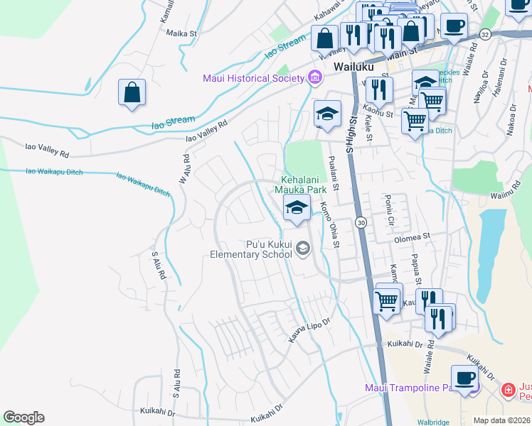 map of restaurants, bars, coffee shops, grocery stores, and more near 133 Hoowaiwai Loop in Wailuku