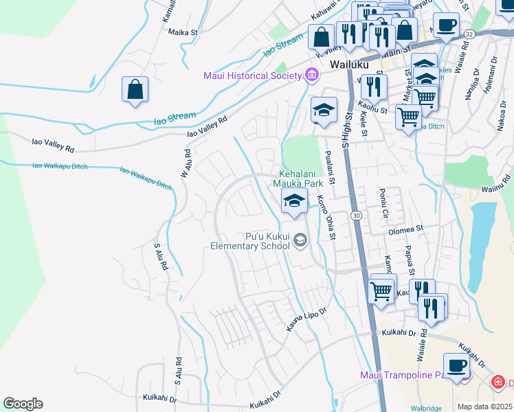 map of restaurants, bars, coffee shops, grocery stores, and more near 56 Ka ʻIkena Loop in Wailuku