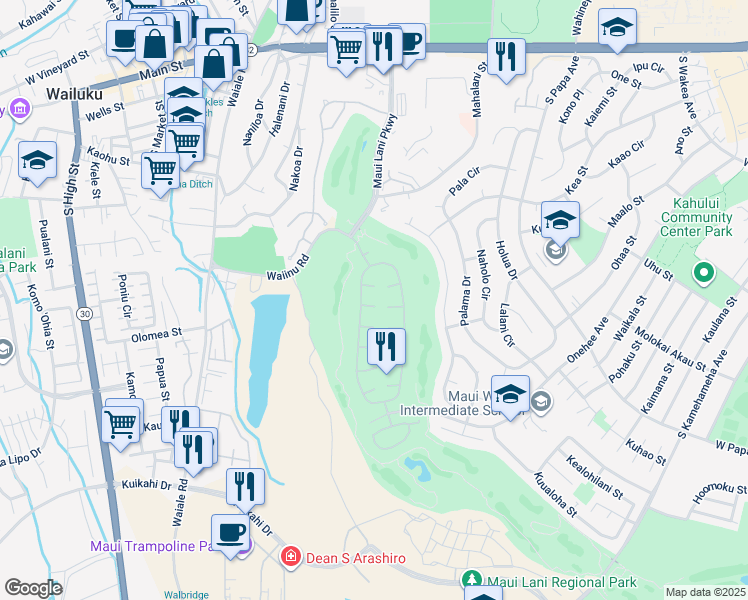 map of restaurants, bars, coffee shops, grocery stores, and more near 21 Lanikeha Place in Kahului
