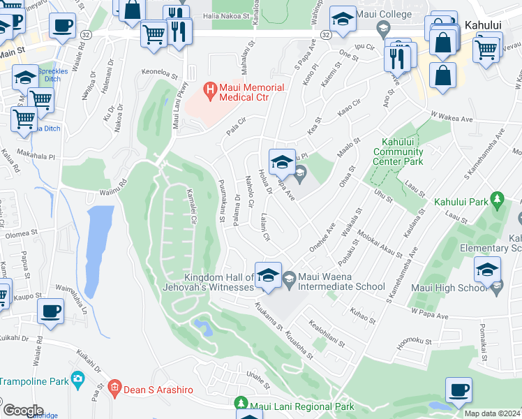 map of restaurants, bars, coffee shops, grocery stores, and more near 638 Lalani Circle in Kahului