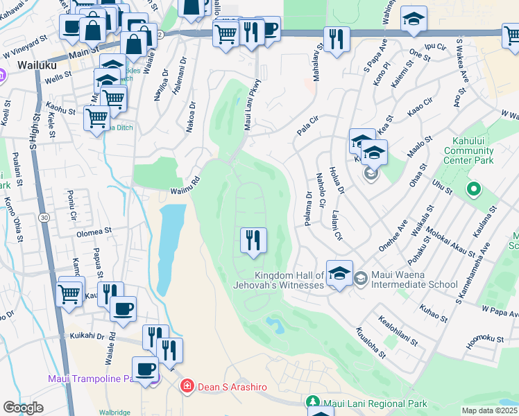 map of restaurants, bars, coffee shops, grocery stores, and more near 14 Lanipo Place in Kahului