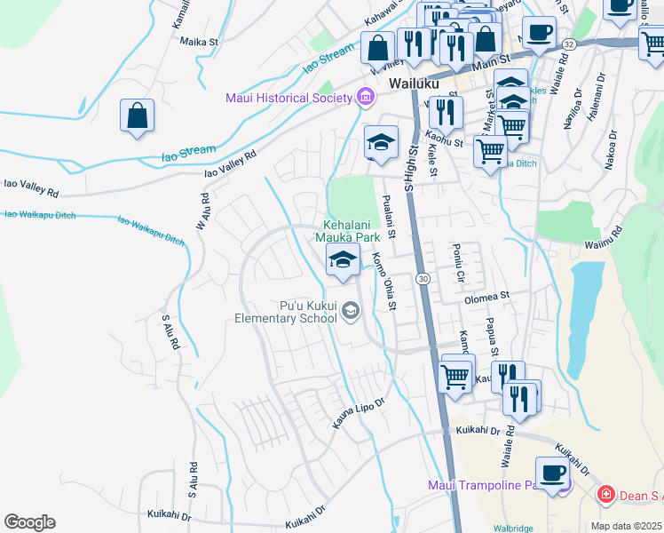map of restaurants, bars, coffee shops, grocery stores, and more near 211 Hooulu Lane in Wailuku