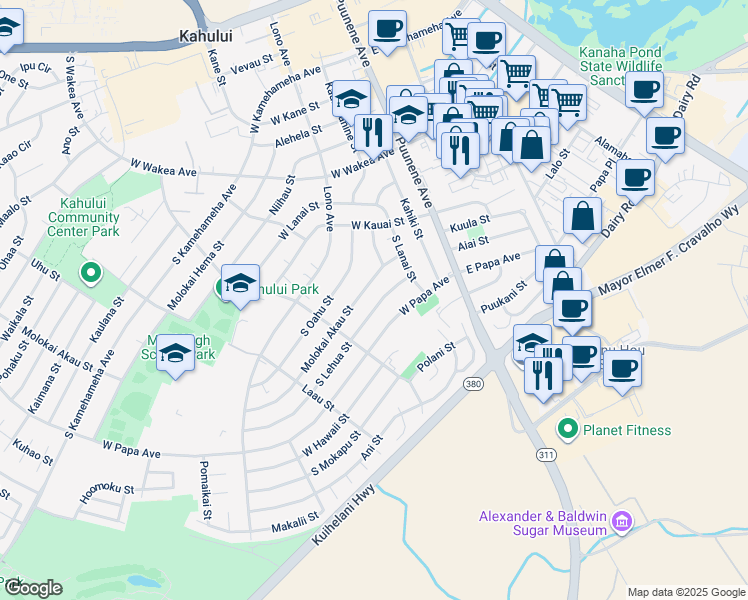 map of restaurants, bars, coffee shops, grocery stores, and more near 122 South Lehua Street in Kahului