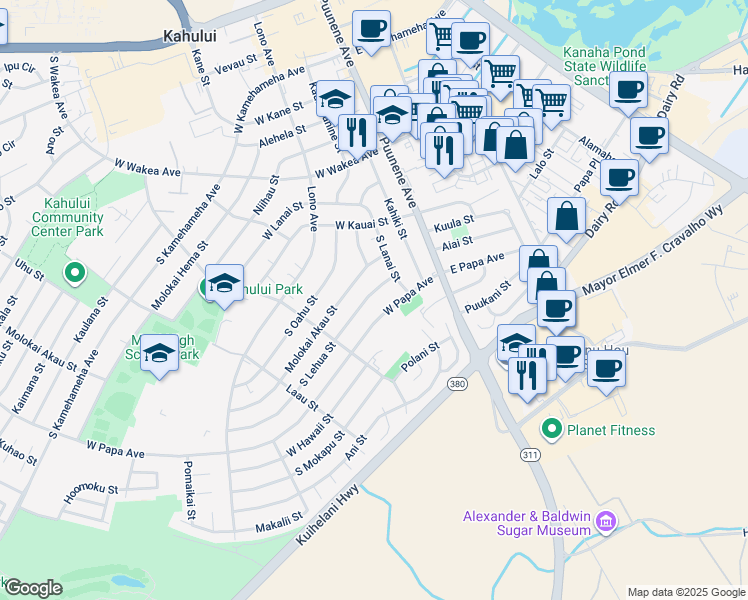 map of restaurants, bars, coffee shops, grocery stores, and more near 105 Lili Lehua Street in Wailuku