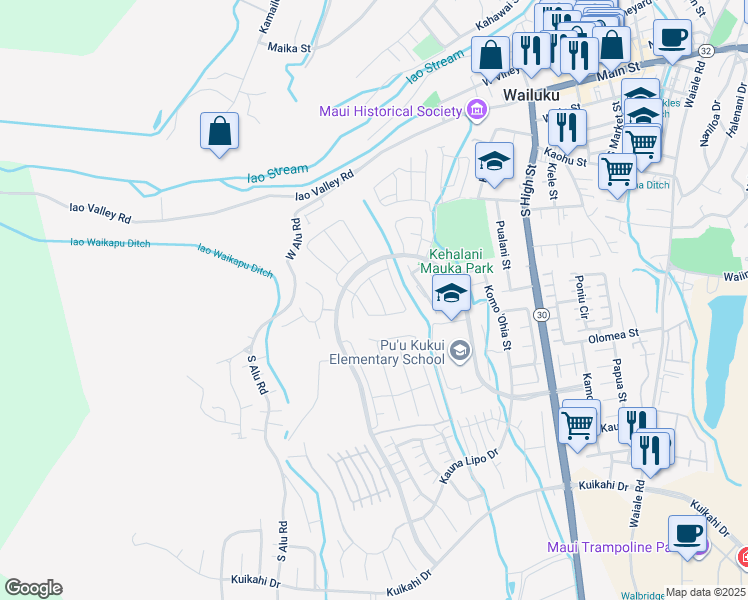 map of restaurants, bars, coffee shops, grocery stores, and more near 117 Lili Lehua Street in Wailuku