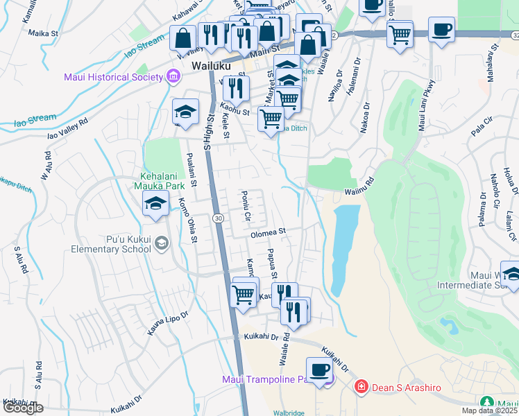 map of restaurants, bars, coffee shops, grocery stores, and more near 166 Poniu Circle in Wailuku