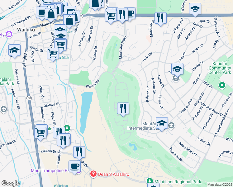 map of restaurants, bars, coffee shops, grocery stores, and more near 7 Lanikeha Place in Kahului
