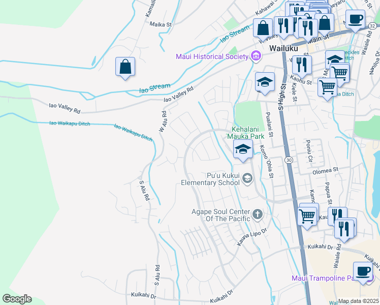 map of restaurants, bars, coffee shops, grocery stores, and more near 54 la iki street in Wailuku