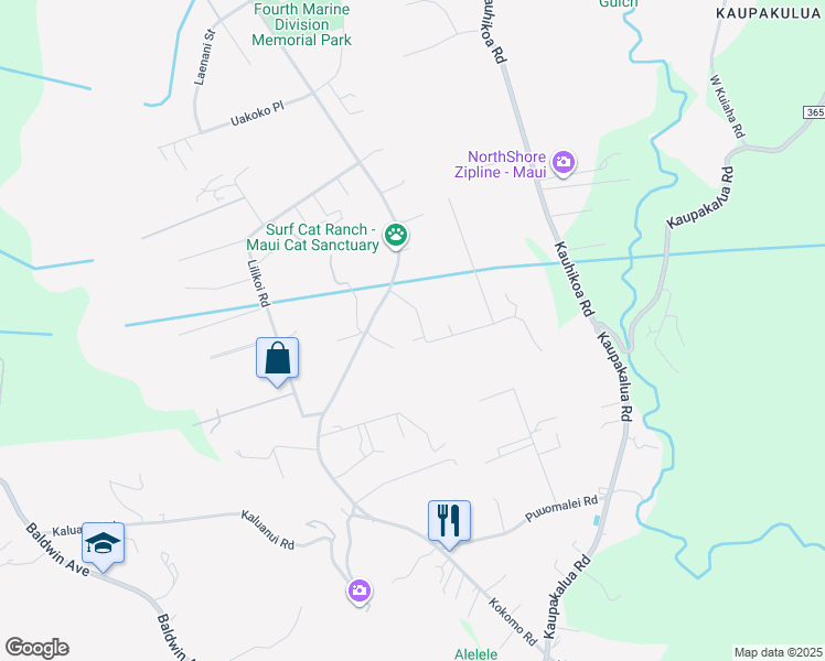 map of restaurants, bars, coffee shops, grocery stores, and more near 2566 Haupoa Place in Haiku-Pauwela