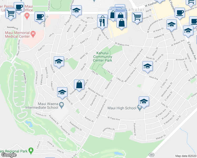 map of restaurants, bars, coffee shops, grocery stores, and more near 512 Pohai Street in Kahului