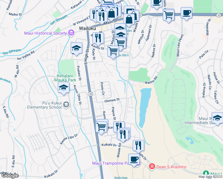 map of restaurants, bars, coffee shops, grocery stores, and more near 171 Poniu Circle in Wailuku