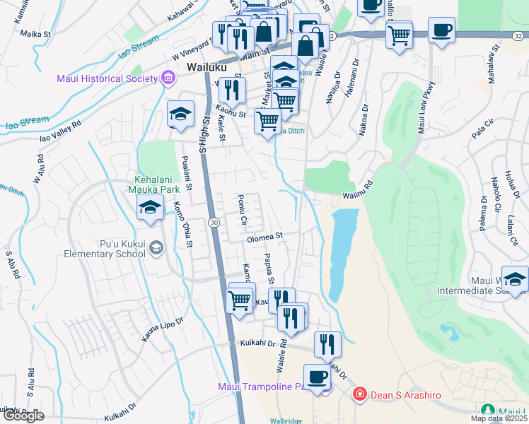 map of restaurants, bars, coffee shops, grocery stores, and more near 171 Poniu Circle in Wailuku