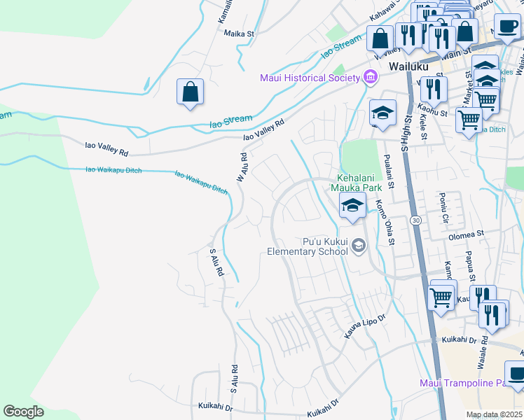map of restaurants, bars, coffee shops, grocery stores, and more near 247 Kili'o'opu Street in Wailuku