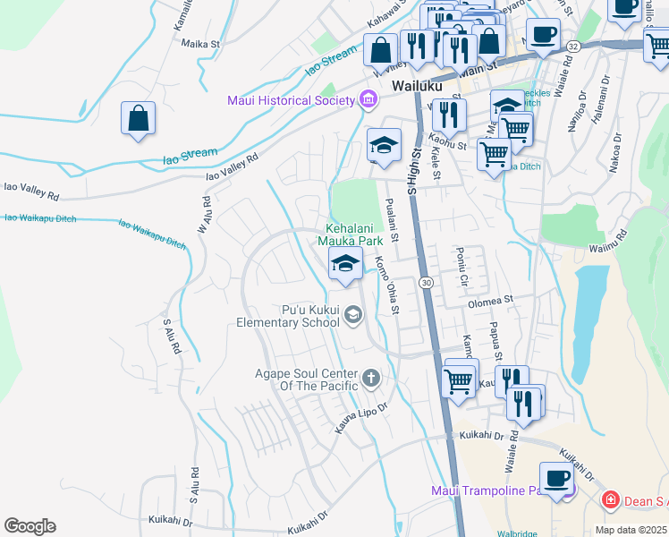 map of restaurants, bars, coffee shops, grocery stores, and more near 212 Hooulu Lane in Wailuku