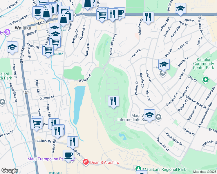 map of restaurants, bars, coffee shops, grocery stores, and more near 11 Lanikeha Place in Kahului