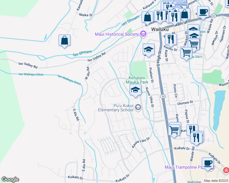 map of restaurants, bars, coffee shops, grocery stores, and more near 109 Lili Lehua Street in Wailuku