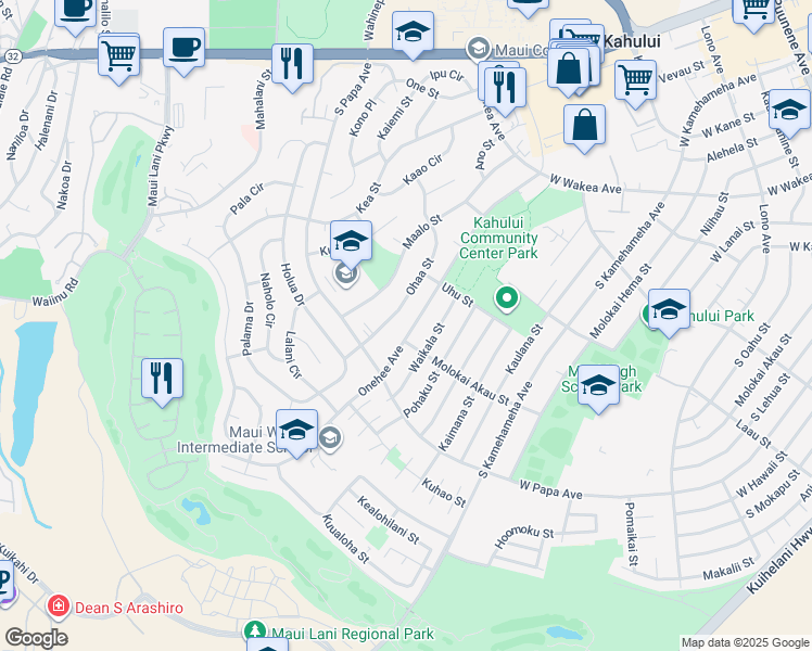 map of restaurants, bars, coffee shops, grocery stores, and more near 606 Onehee Avenue in Kahului