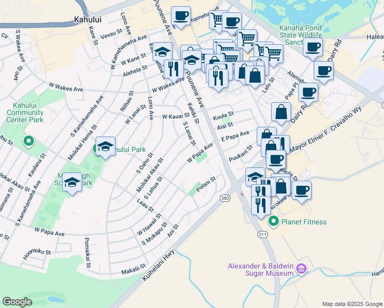map of restaurants, bars, coffee shops, grocery stores, and more near 76 West Papa Avenue in Kahului