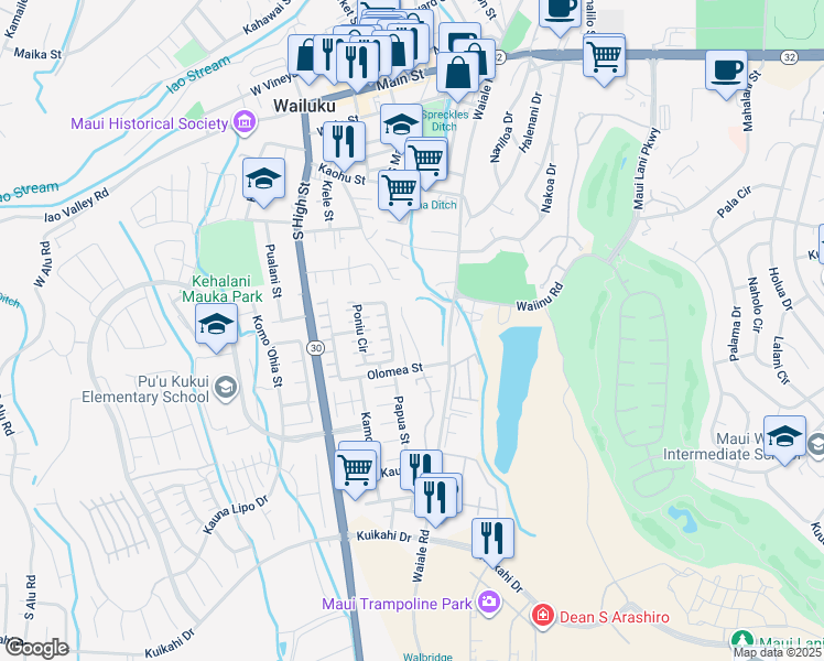 map of restaurants, bars, coffee shops, grocery stores, and more near 579 Halemalu Place in Wailuku