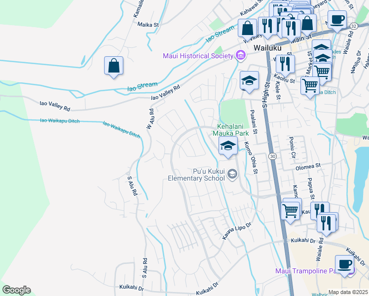map of restaurants, bars, coffee shops, grocery stores, and more near 148 Ka ʻIkena Loop in Wailuku
