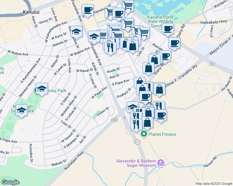 map of restaurants, bars, coffee shops, grocery stores, and more near 16 East Hawaii Street in Kahului