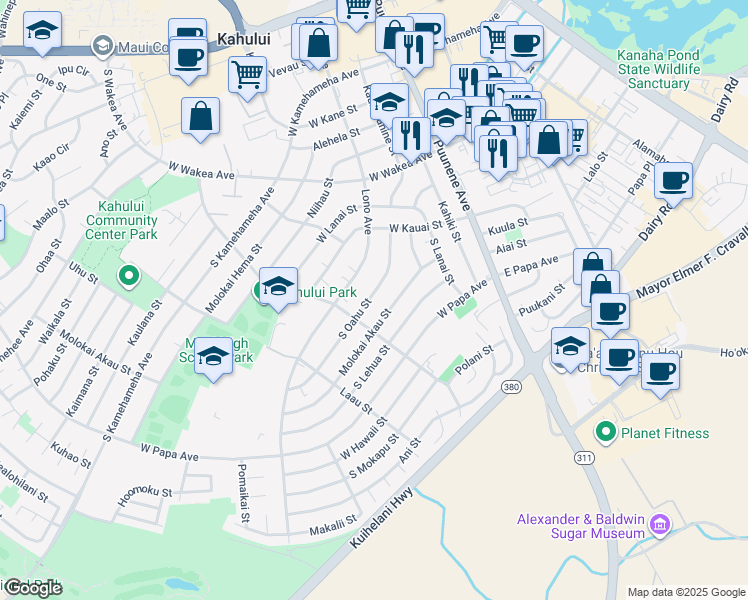 map of restaurants, bars, coffee shops, grocery stores, and more near 451 South Oahu Street in Kahului