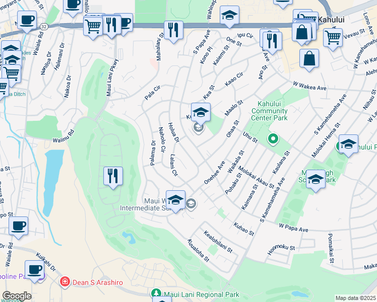map of restaurants, bars, coffee shops, grocery stores, and more near 405 Holua Drive in Kahului