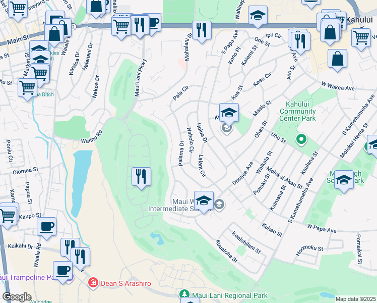 map of restaurants, bars, coffee shops, grocery stores, and more near 382 Naholo Circle in Kahului