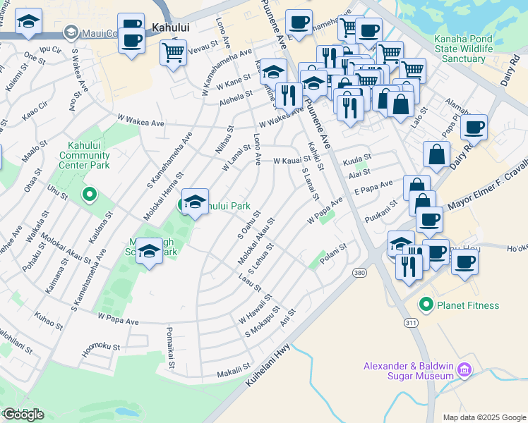 map of restaurants, bars, coffee shops, grocery stores, and more near 451 South Oahu Street in Kahului