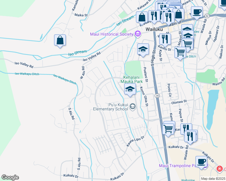 map of restaurants, bars, coffee shops, grocery stores, and more near 52 Ka ʻIkena Loop in Wailuku