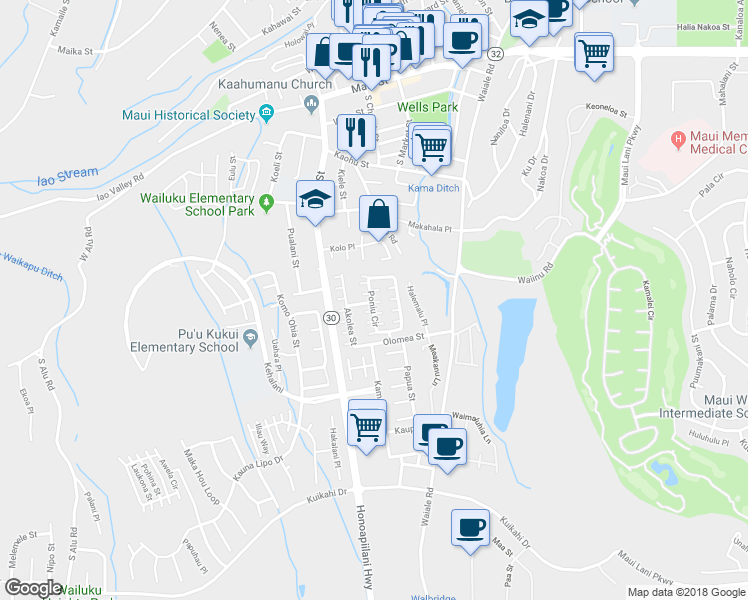 map of restaurants, bars, coffee shops, grocery stores, and more near 64 Poniu Circle in Wailuku