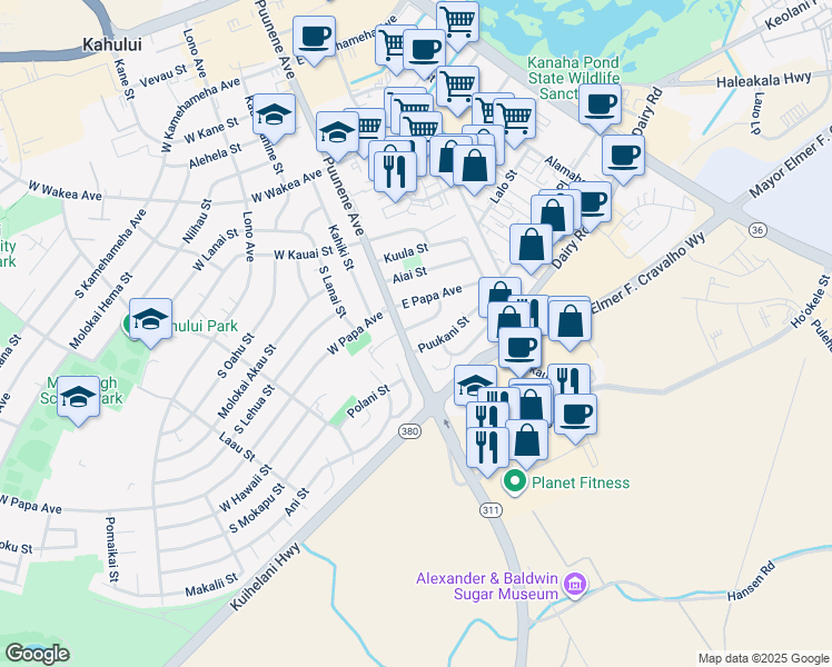 map of restaurants, bars, coffee shops, grocery stores, and more near 16 East Hawaii Street in Kahului