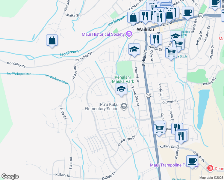 map of restaurants, bars, coffee shops, grocery stores, and more near 133 Hoowaiwai Loop in Wailuku
