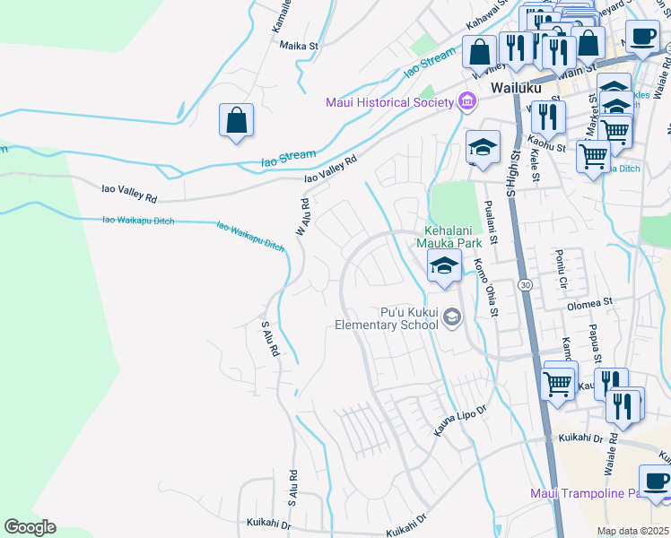 map of restaurants, bars, coffee shops, grocery stores, and more near 81 North Laikeha Place in Wailuku