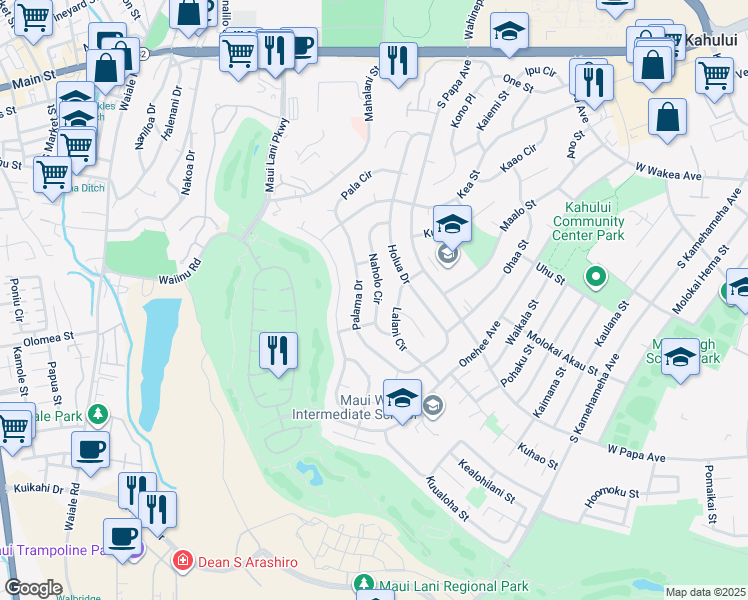 map of restaurants, bars, coffee shops, grocery stores, and more near 382 Naholo Circle in Kahului