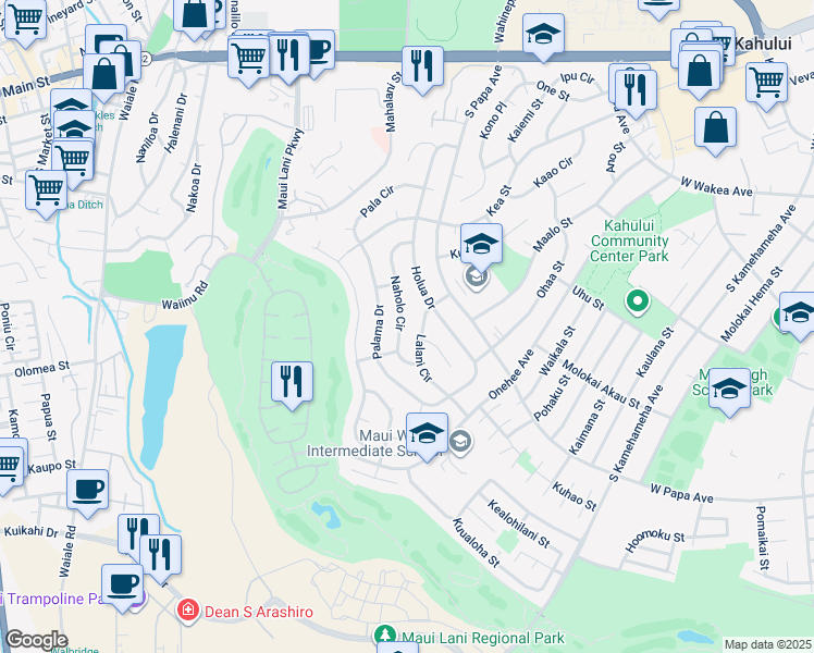 map of restaurants, bars, coffee shops, grocery stores, and more near 381 Naholo Circle in Kahului